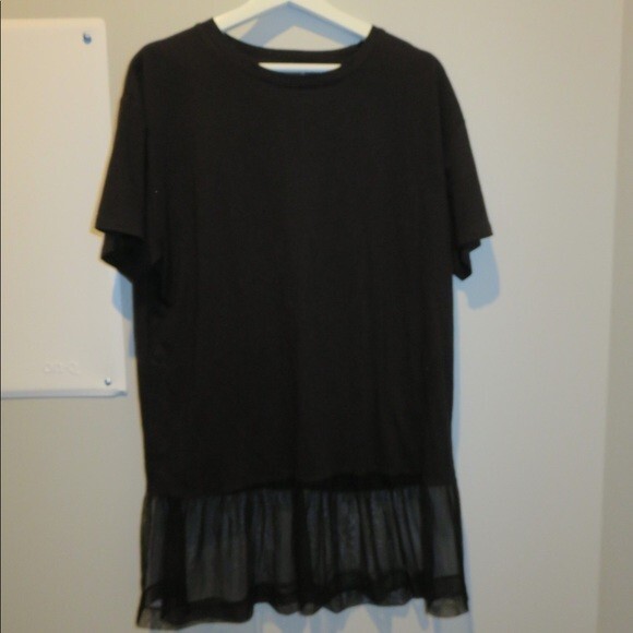 French Connection Tunic Top Black Mesh Hem Short Sleeve Small Oversized Goth - Picture 1 of 5